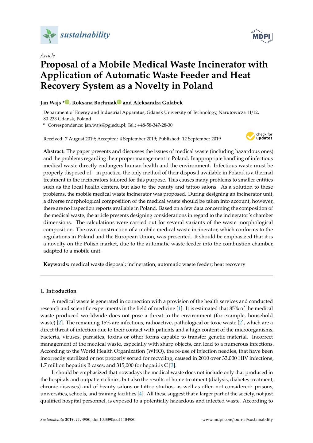 Proposal of a Mobile Medical Waste Incinerator with Application of Automatic Waste Feeder and Heat Recovery System As a Novelty in Poland
