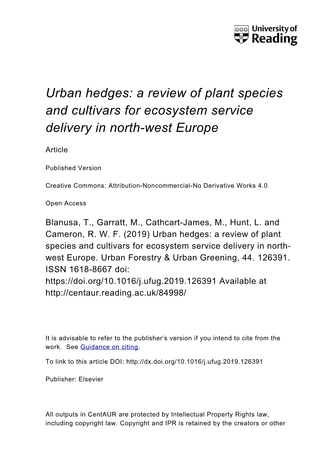 Urban Hedges a Review of Plant Species and Cultivars for Ecosystem Service Delivery in North-West Europe