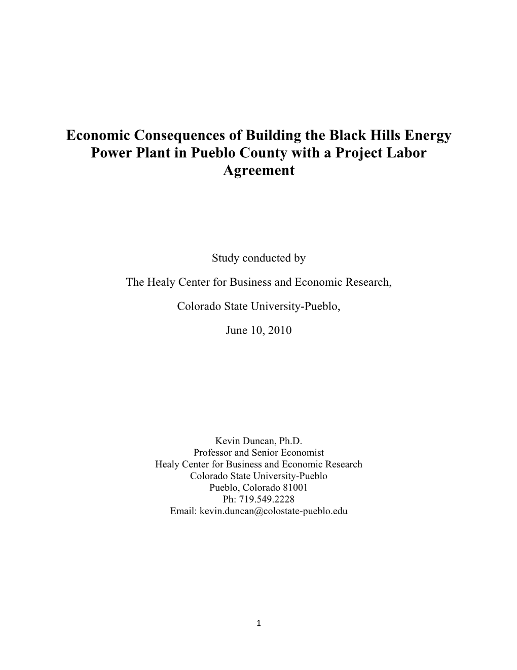 Economic Consequences of Building the Black Hills Energy Power Plant in Pueblo County with a Project Labor Agreement