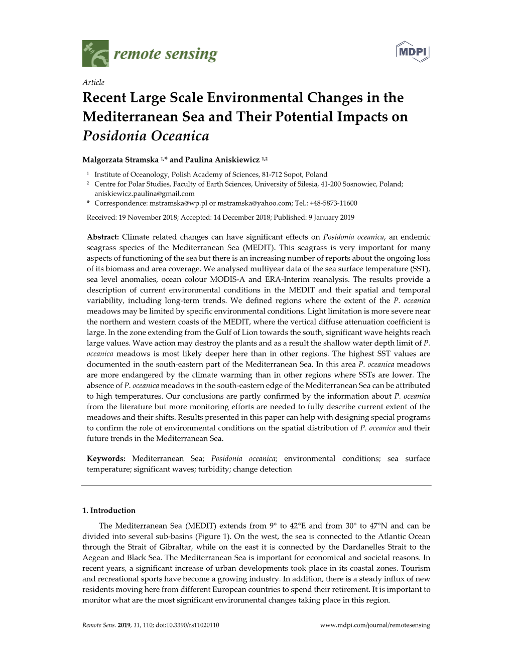 Recent Large Scale Environmental Changes in the Mediterranean Sea and Their Potential Impacts on Posidonia Oceanica