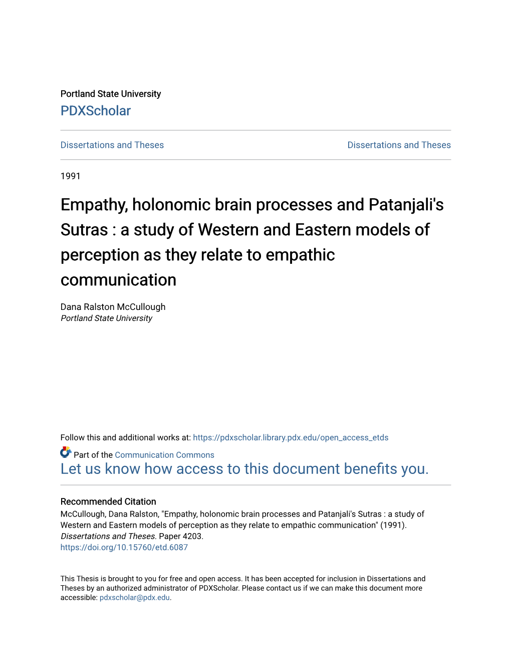 Empathy, Holonomic Brain Processes and Patanjali's Sutras : a Study of Western and Eastern Models of Perception As They Relate to Empathic Communication