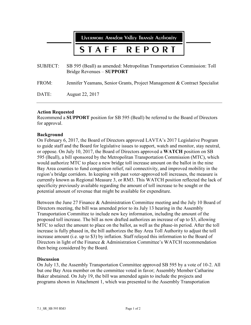 SB 595 (Beall) As Amended: Metropolitan Transportation Commission: Toll Bridge Revenues – SUPPORT