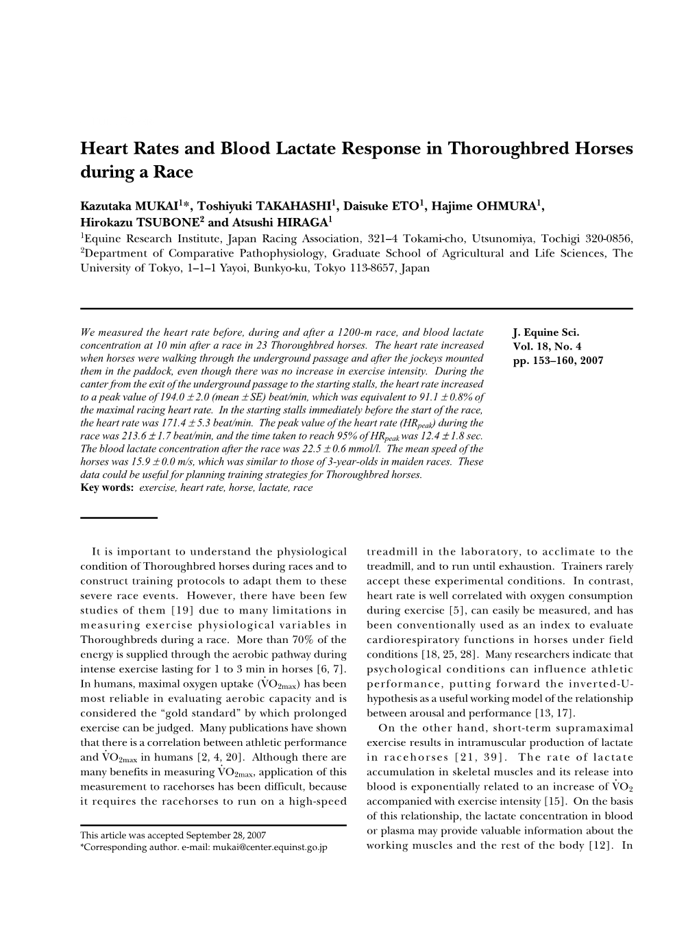 Heart Rates and Blood Lactate Response in Thoroughbred Horses During a Race