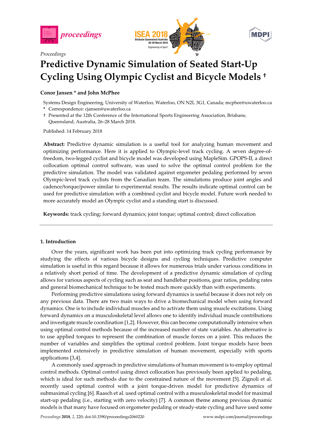 Predictive Dynamic Simulation of Seated Start-Up Cycling Using Olympic Cyclist and Bicycle Models †