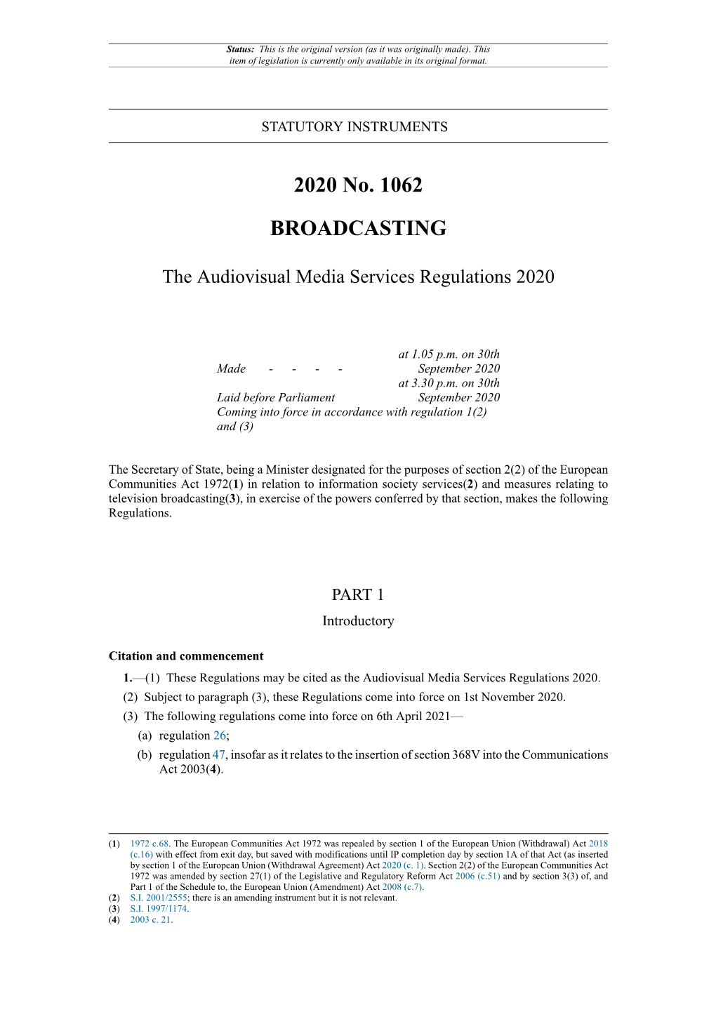 The Audiovisual Media Services Regulations 2020