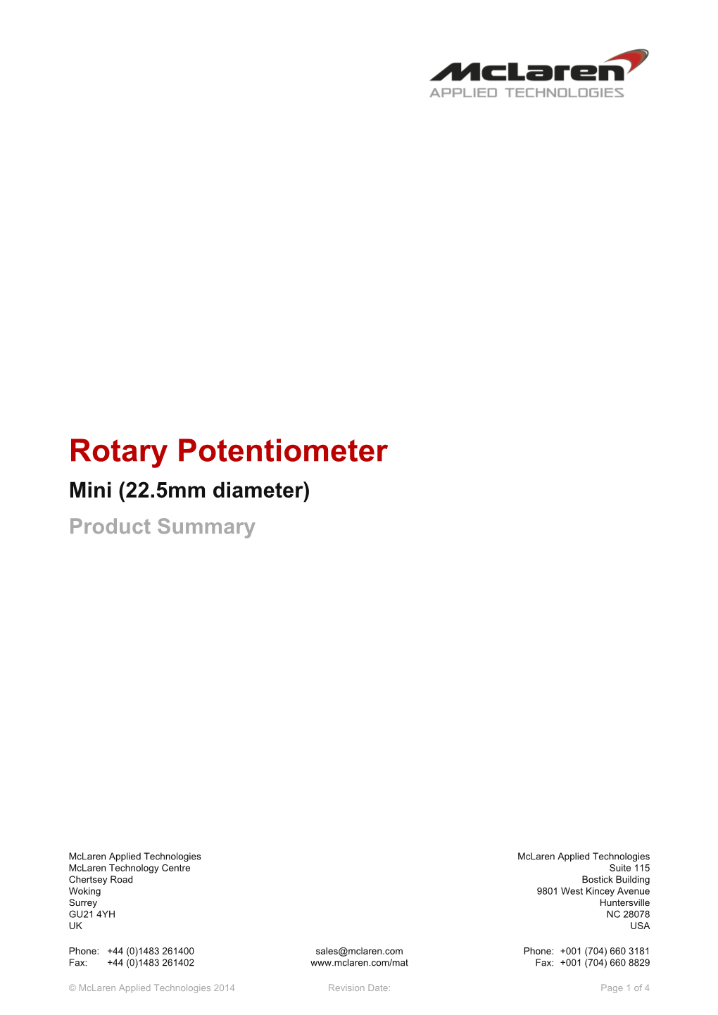 Rotary Potentiometer Mini (22.5Mm Diameter) Product Summary