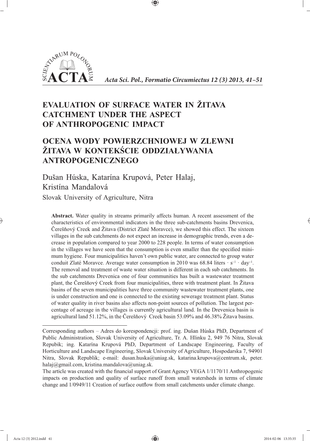 Evaluation of Surface Water in Žitava Catchment Under