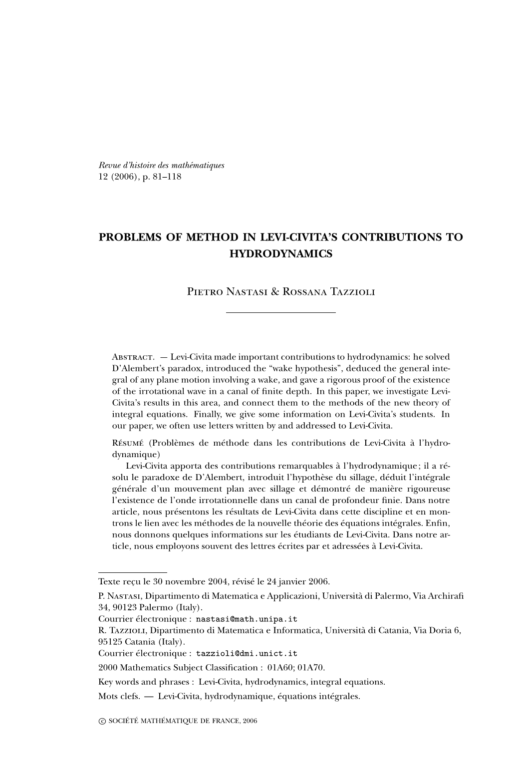 Problems of Method in Levi-Civita's Contributions to Hydrodynamics