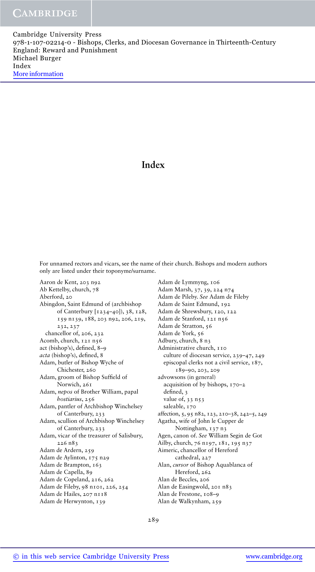 Bishops, Clerks, and Diocesan Governance in Thirteenth-Century England: Reward and Punishment Michael Burger Index More Information