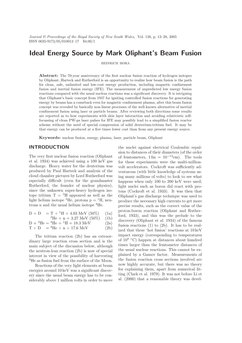 Ideal Energy Source by Mark Oliphant's Beam Fusion