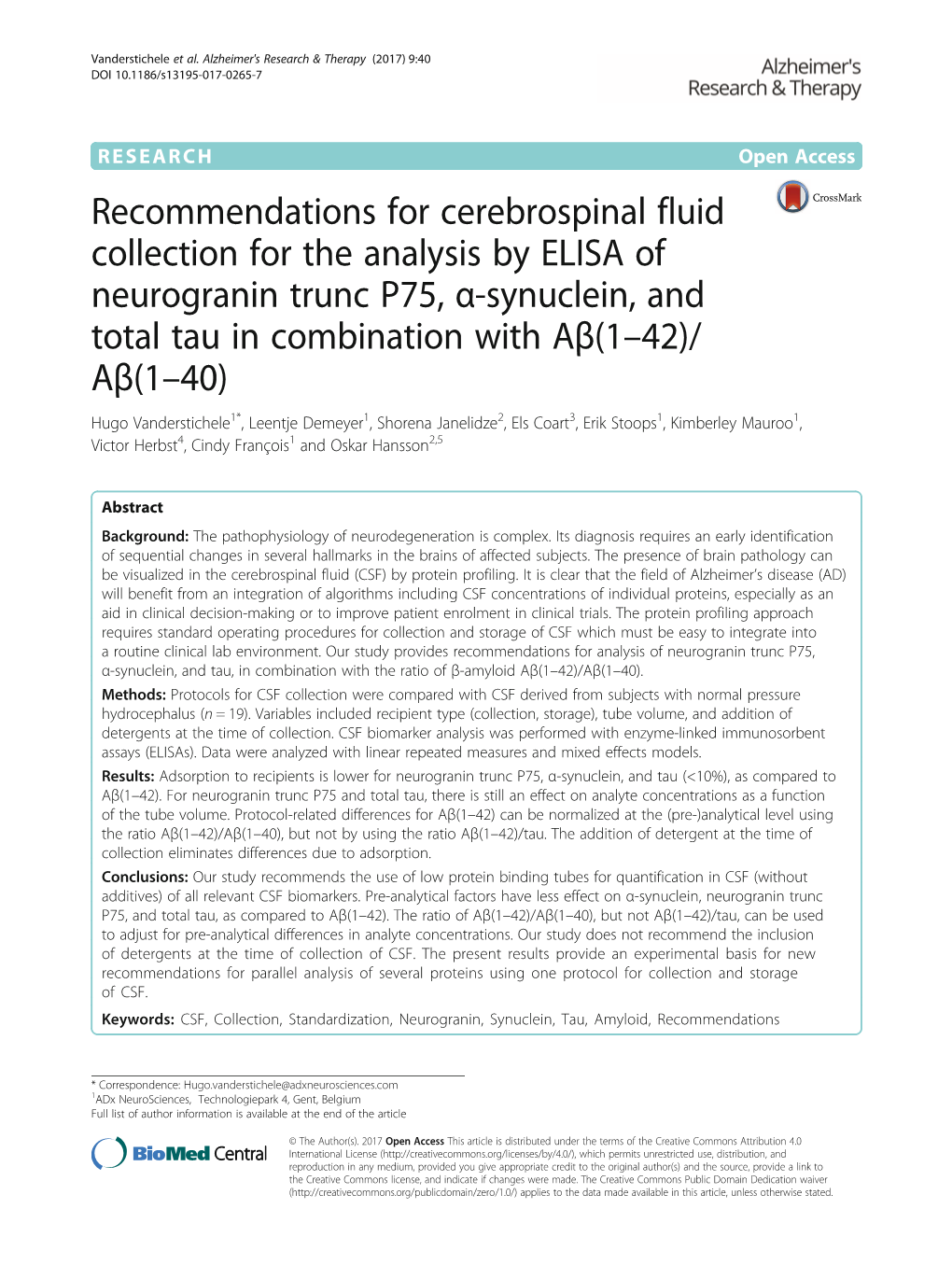 Recommendations for Cerebrospinal Fluid Collection for the Analysis by ELISA of Neurogranin Trunc P75, Α-Synuclein, and Total T