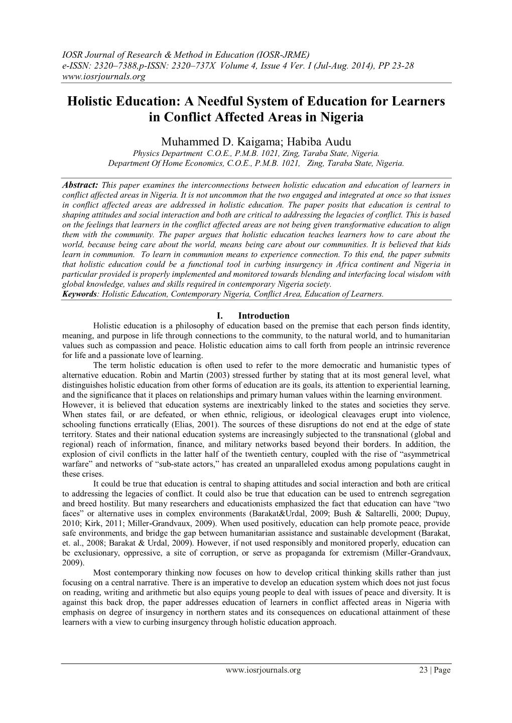 Holistic Education: a Needful System of Education for Learners in Conflict Affected Areas in Nigeria