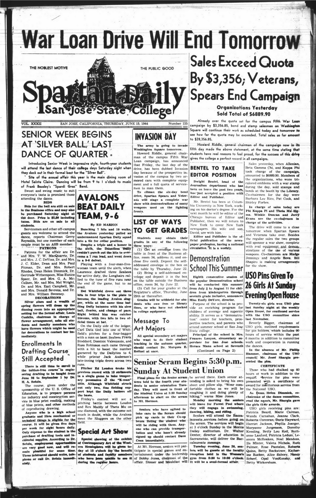 Veterans, Spears End Campaign Organizations Yesterday Sold Total of $6889.90 Already Over the Quota Set for the Campus Fifth War Loan VOL