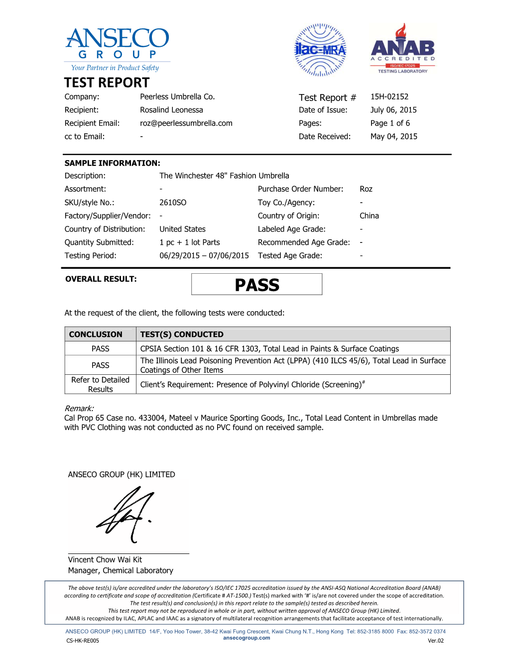 TEST REPORT Company: Peerless Umbrella Co