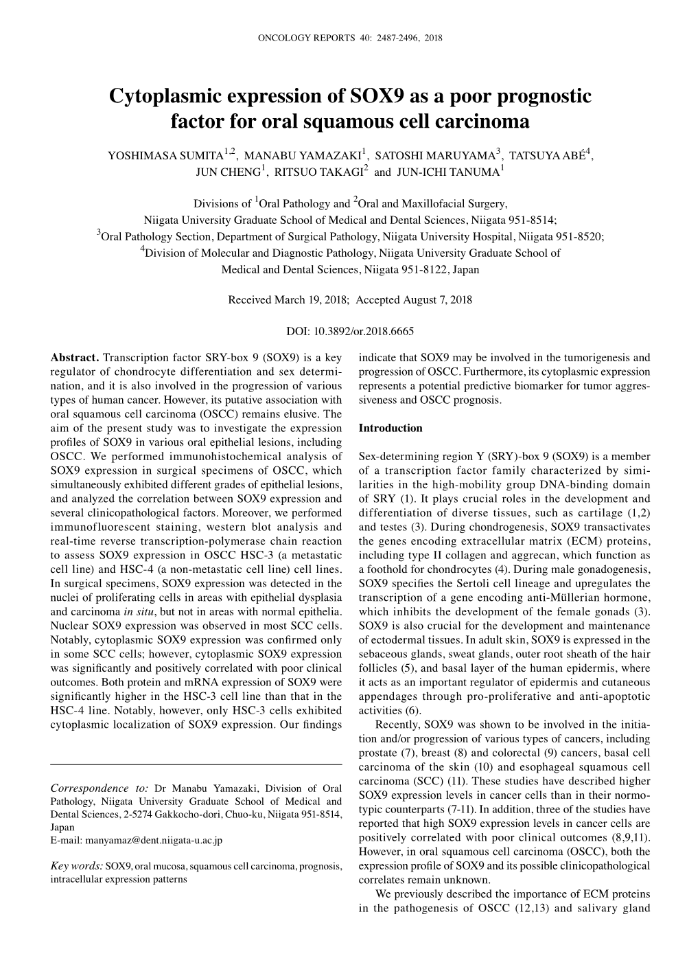 Cytoplasmic Expression of SOX9 As a Poor Prognostic Factor for Oral Squamous Cell Carcinoma