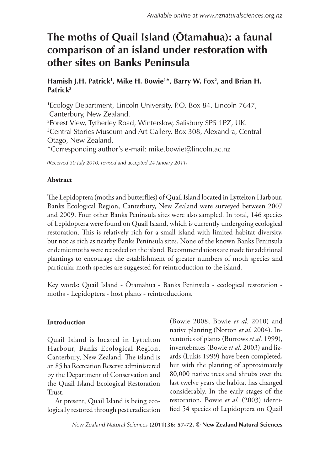 The Moths of Quail Island (Ōtamahua): a Faunal Comparison of an Island Under Restoration with Other Sites on Banks Peninsula