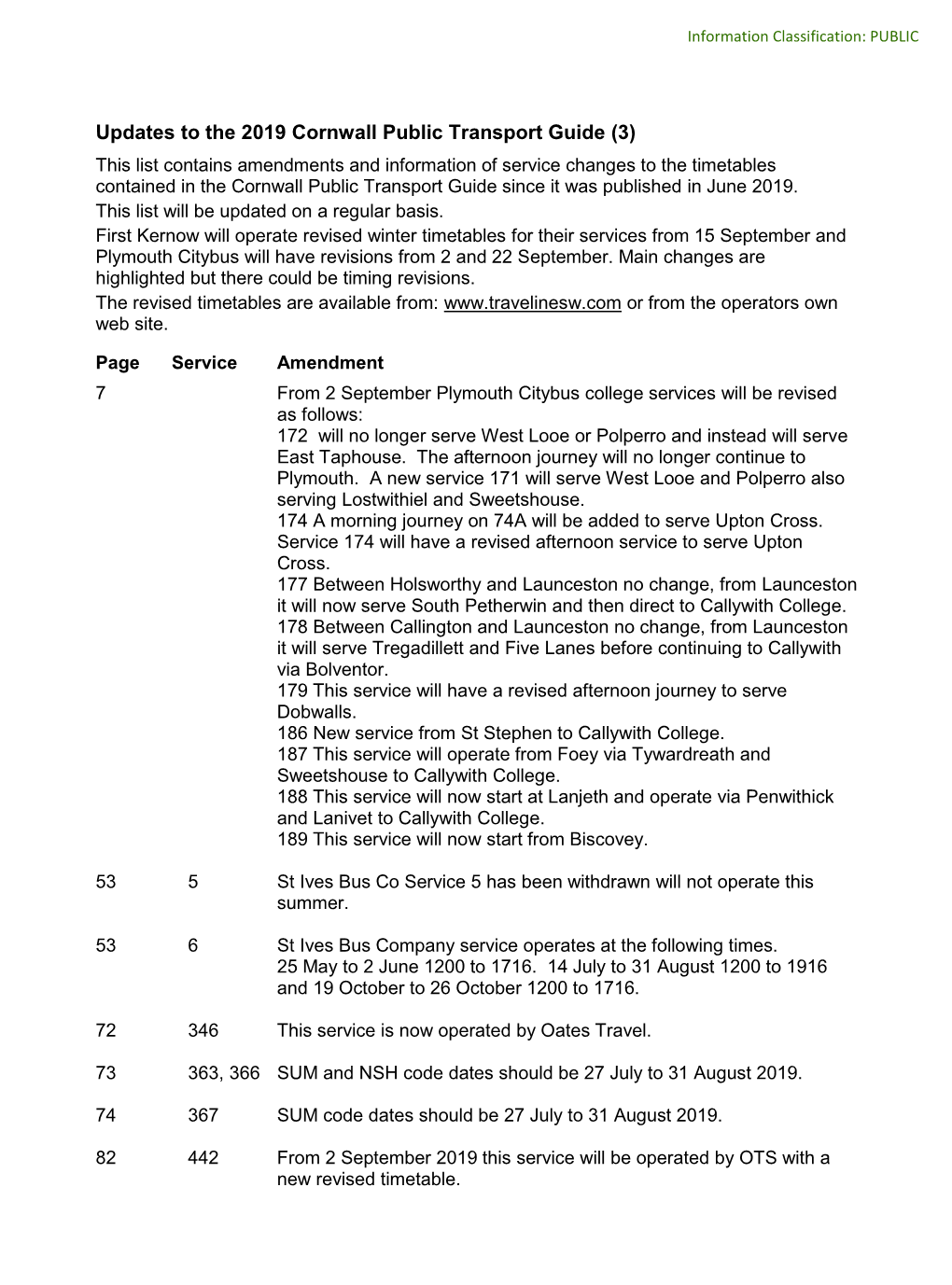 Revisions to the 2012 Cornwall Public Transport Guide