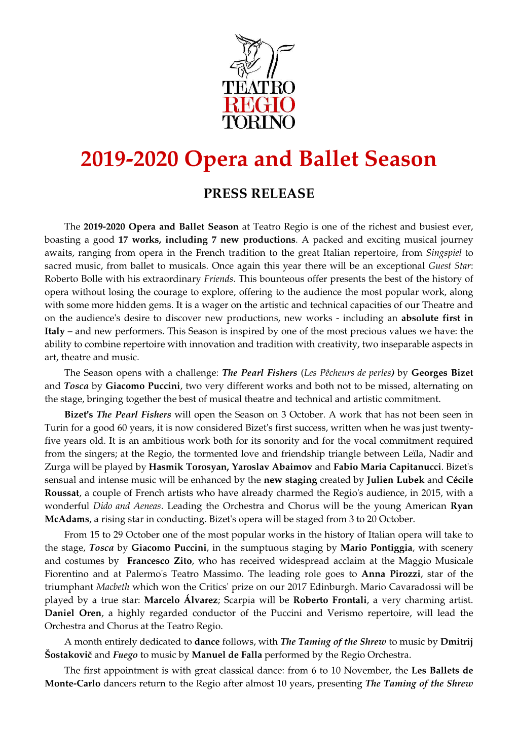 2019-2020 Opera and Ballet Season