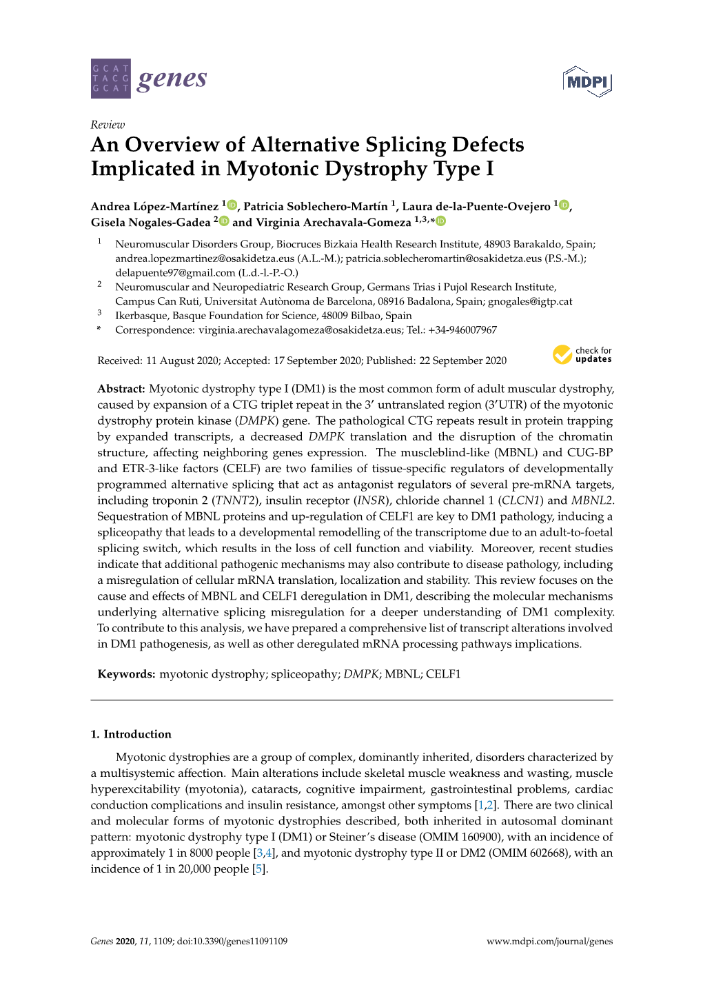 An Overview of Alternative Splicing Defects Implicated in Myotonic Dystrophy Type I