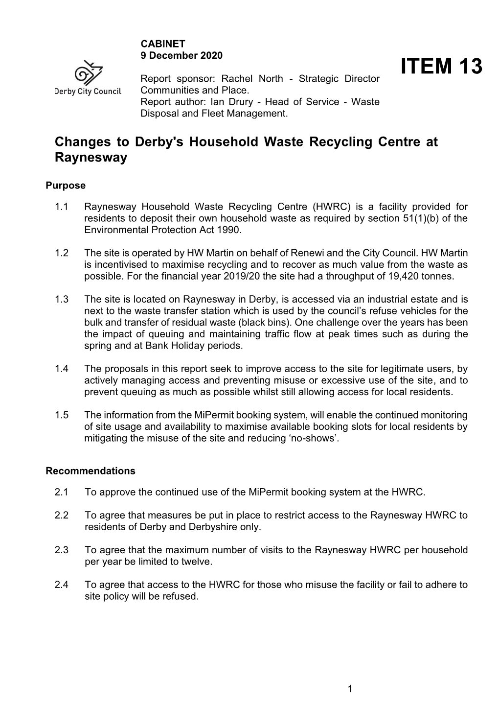 Standard Report Template Derby City Council