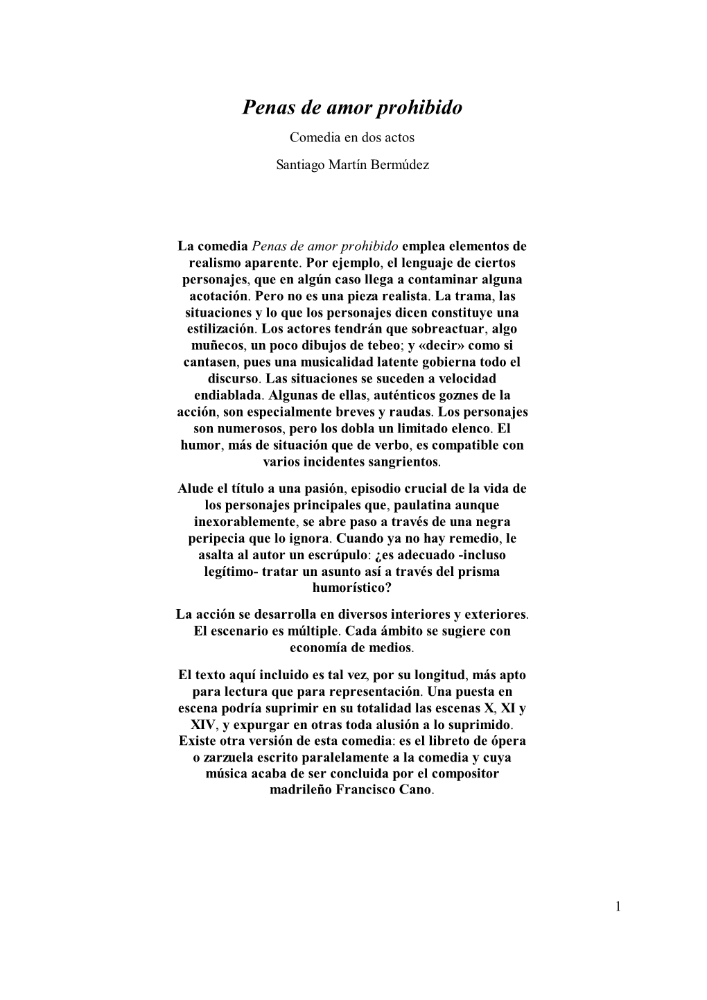 Penas De Amor Prohibido Comedia En Dos Actos Santiago Martín Bermúdez