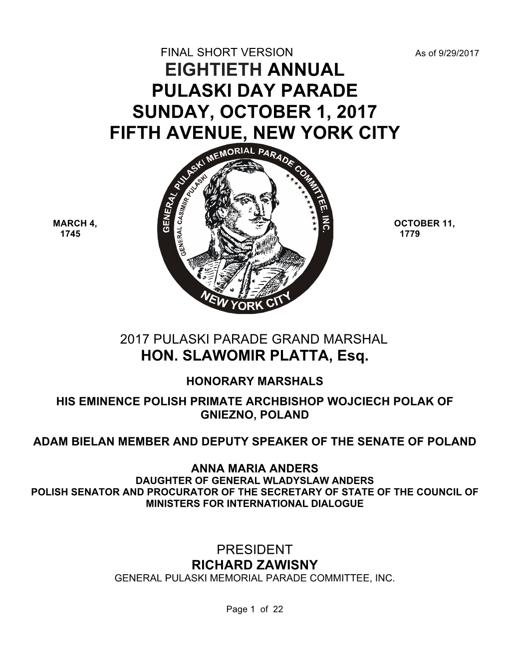 Eightieth Annual Pulaski Day Parade Sunday, October 1, 2017 Fifth Avenue, New York City