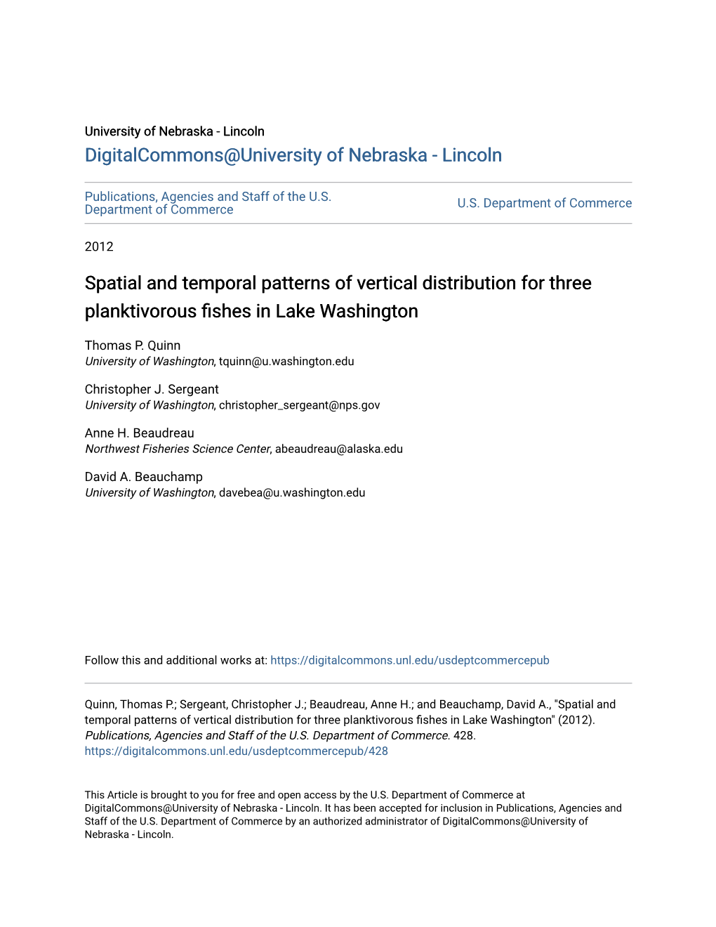 Spatial and Temporal Patterns of Vertical Distribution for Three Planktivorous Fishes in Lake Washington