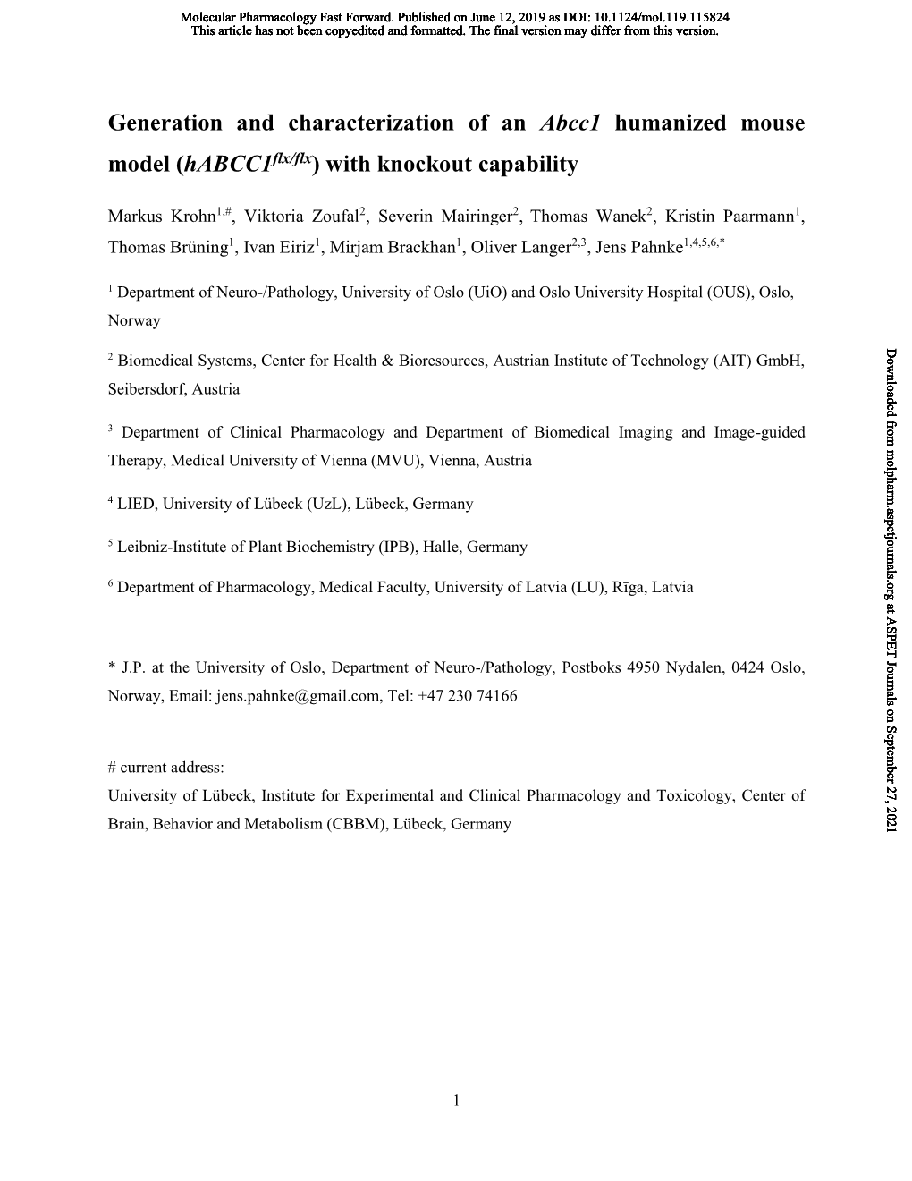 Generation and Characterization of an Abcc1 Humanized Mouse Model (Habcc1flx/Flx) with Knockout Capability