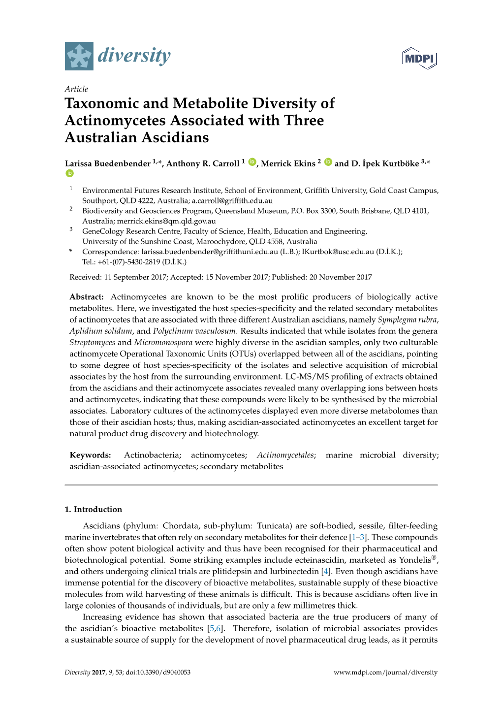 Taxonomic and Metabolite Diversity of Actinomycetes Associated with Three Australian Ascidians