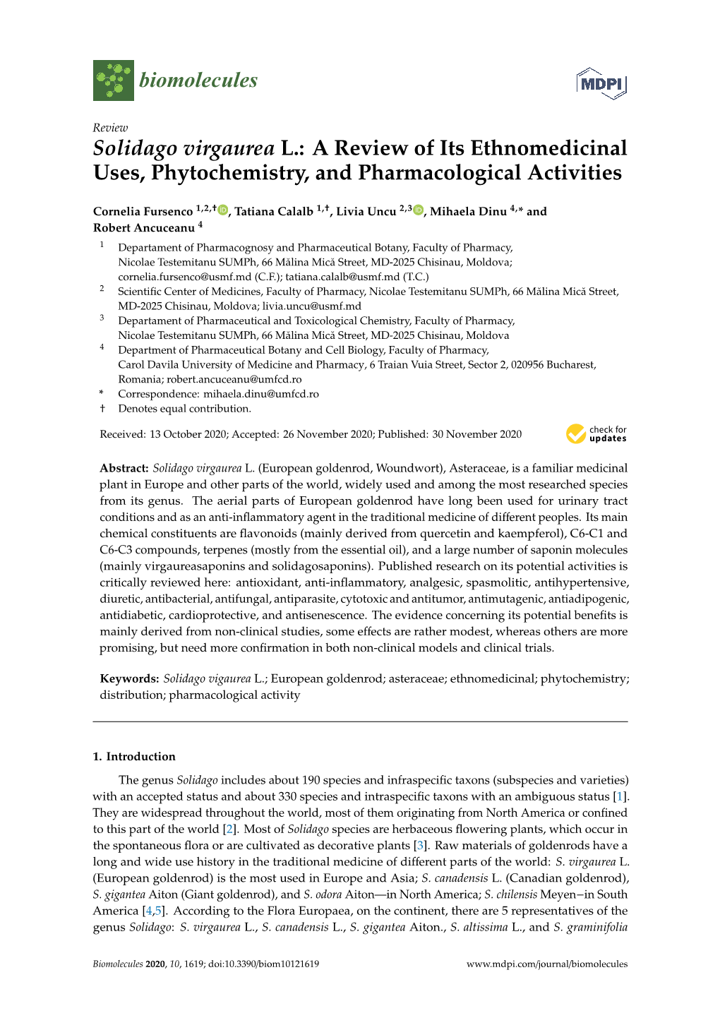 Solidago Virgaurea L.: a Review of Its Ethnomedicinal Uses, Phytochemistry, and Pharmacological Activities