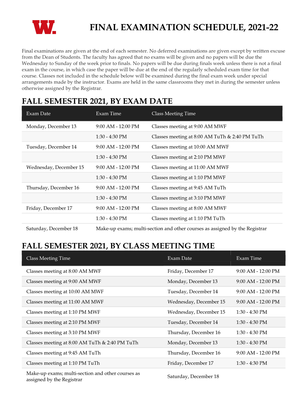 Final Examination Schedule, 2021-22