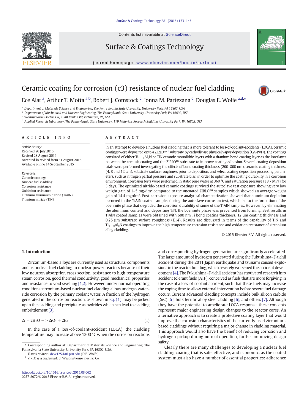 Ceramic Coating for Corrosion (C3) Resistance of Nuclear Fuel Cladding