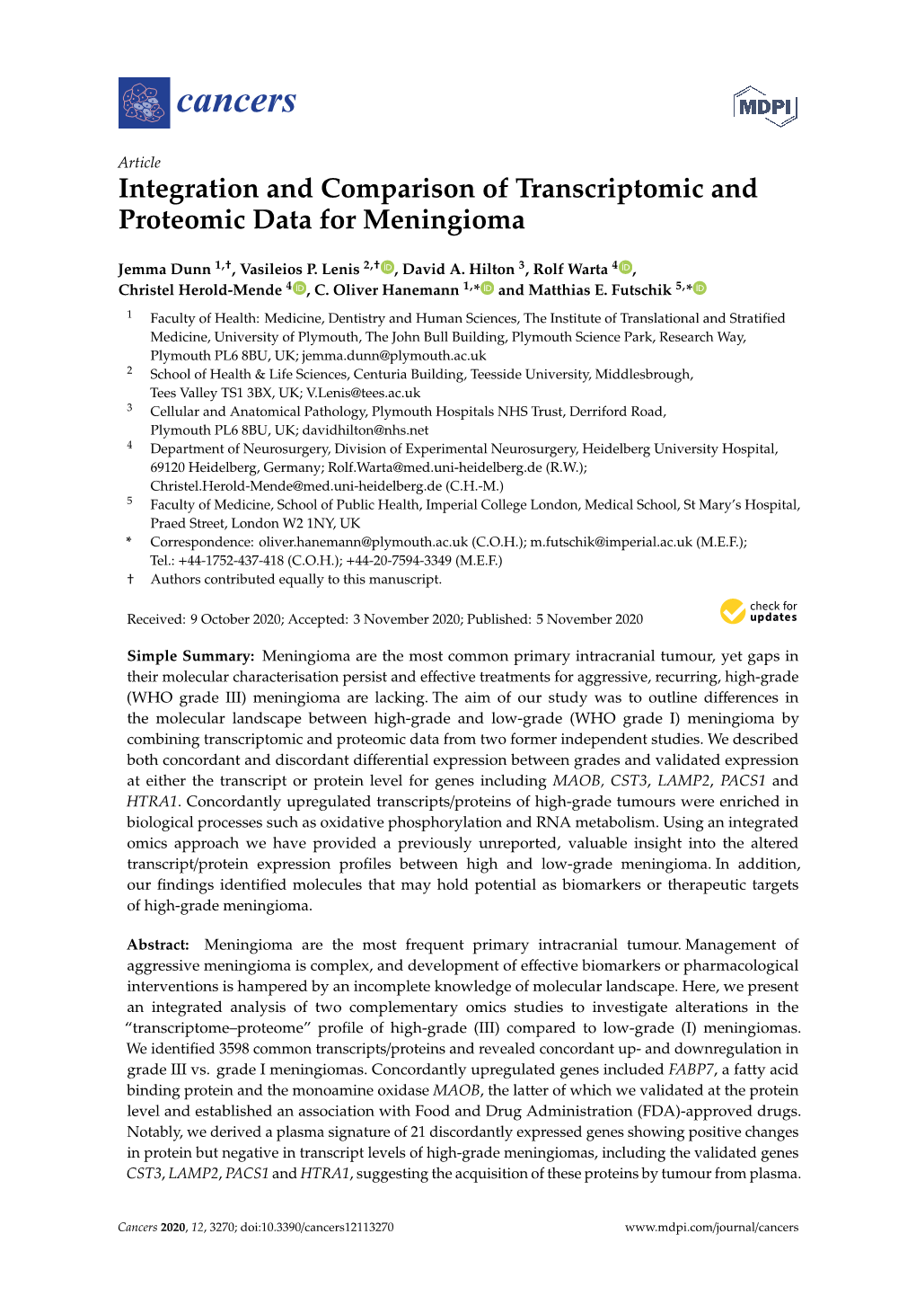 Integration and Comparison of Transcriptomic and Proteomic Data for Meningioma