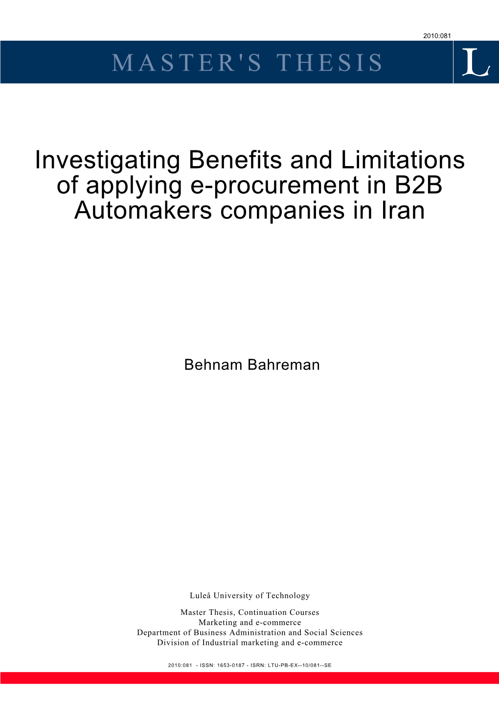 MASTER's THESIS Investigating Benefits and Limitations of Applying E-Procurement in B2B Automakers Companies in Iran