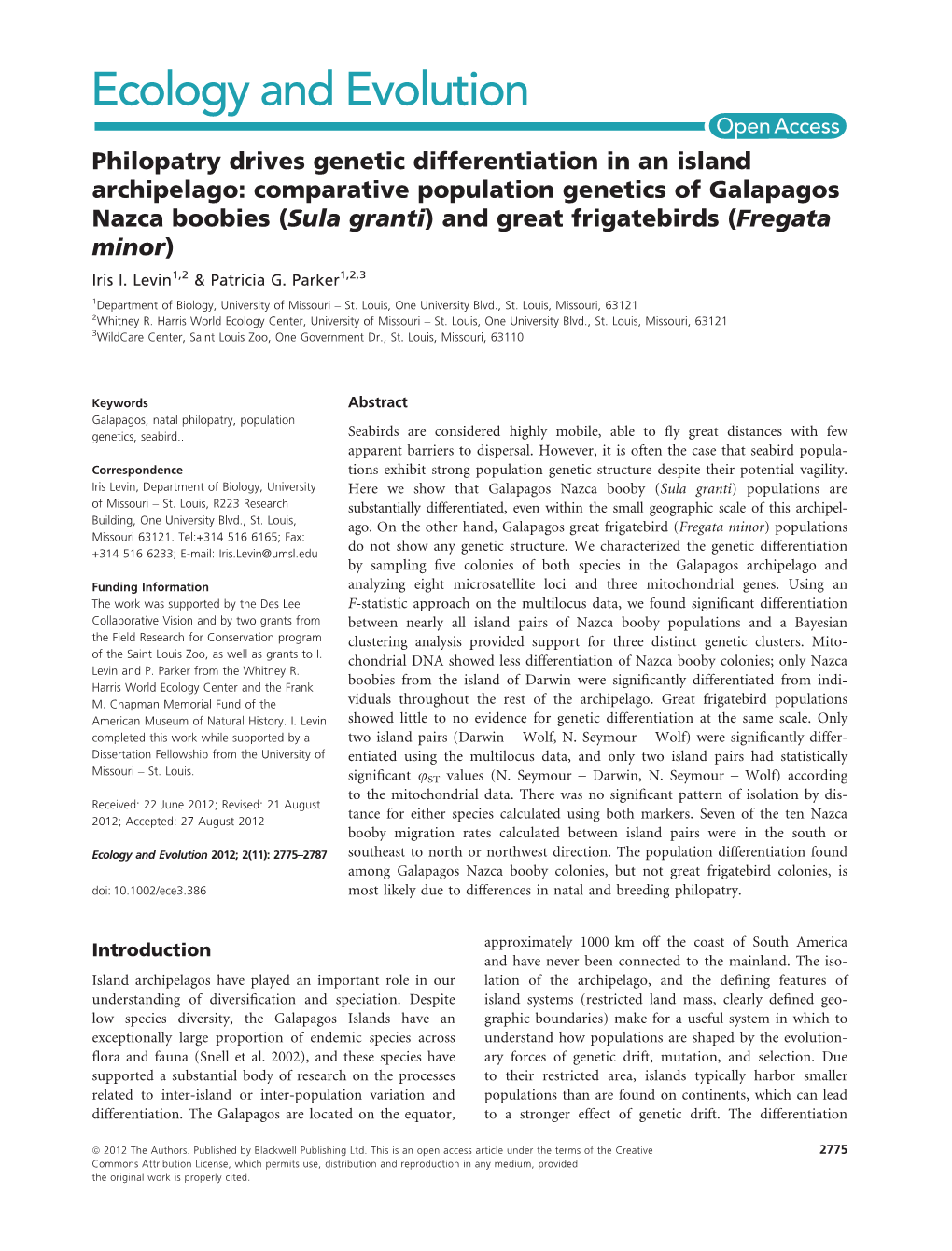 Comparative Population Genetics of Galapagos Nazca Boobies (Sula Granti) and Great Frigatebirds (Fregata Minor) Iris I