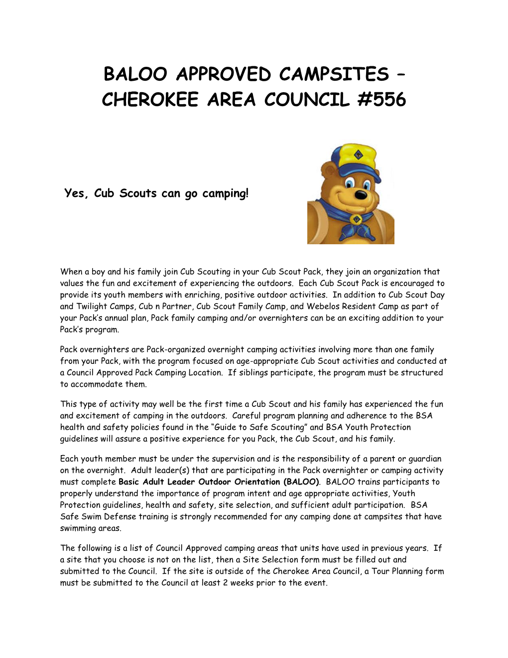 Baloo Approved Campsites – Cherokee Area Council #556