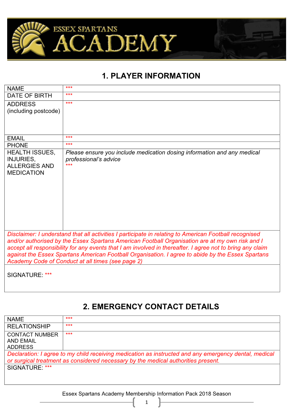 1. Player Information 2. Emergency Contact Details