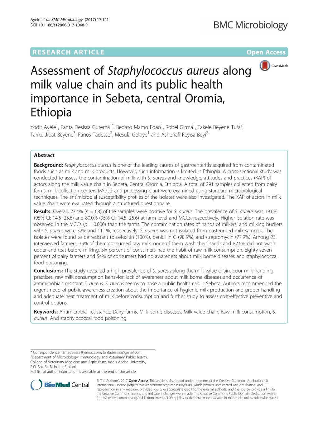 Assessment of Staphylococcus Aureus Along Milk Value Chain and Its