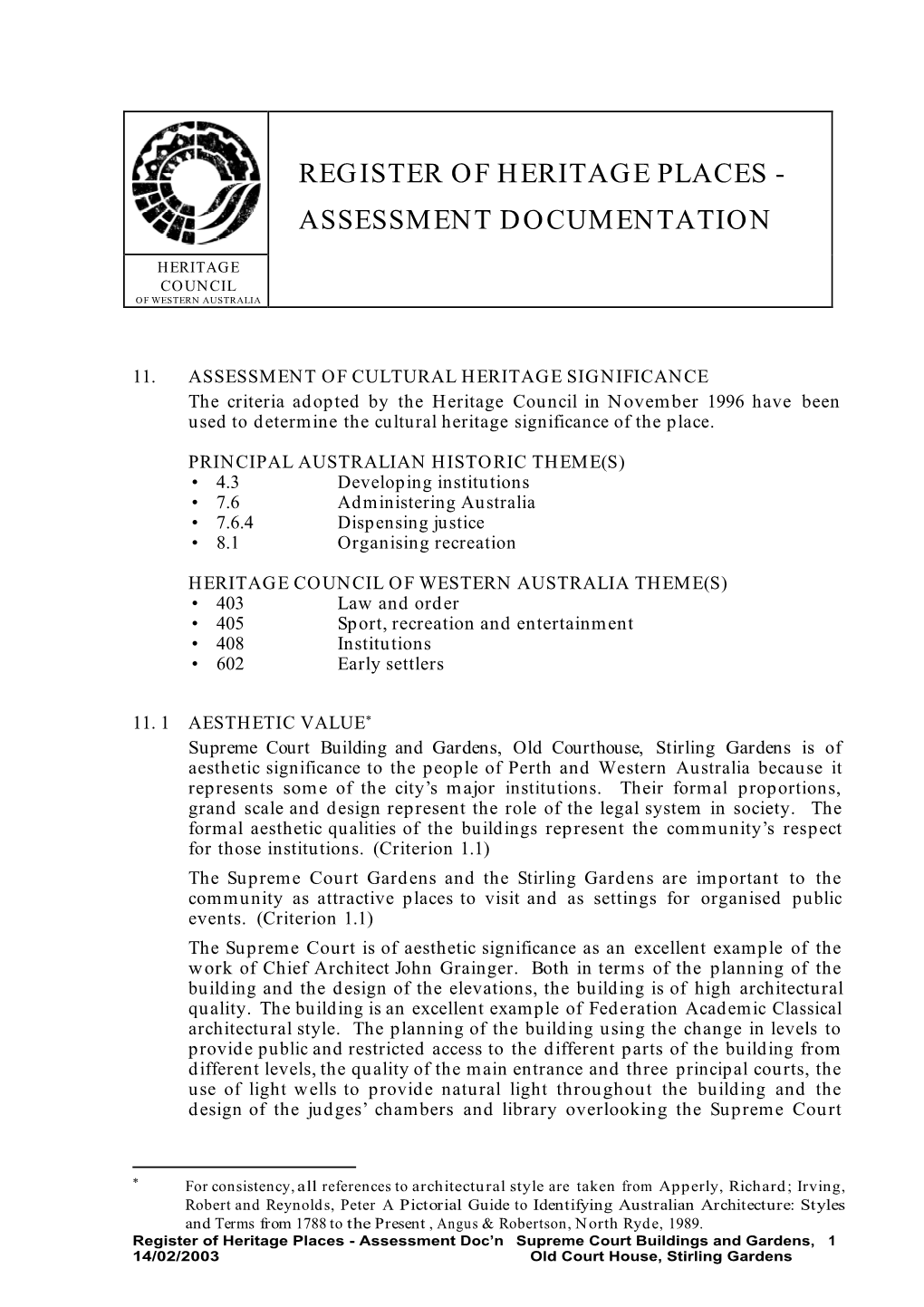 Register of Heritage Places - Assessment Documentation