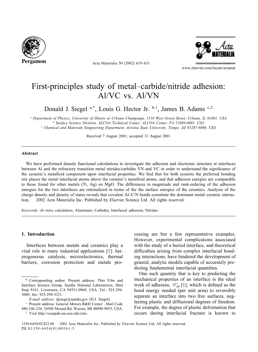 First-Principles Study of Metal–Carbide/Nitride Adhesion: Al/VC Vs