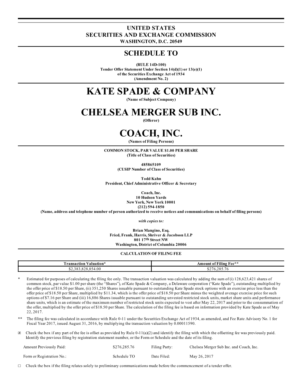 Kate Spade & Company Chelsea Merger Sub Inc