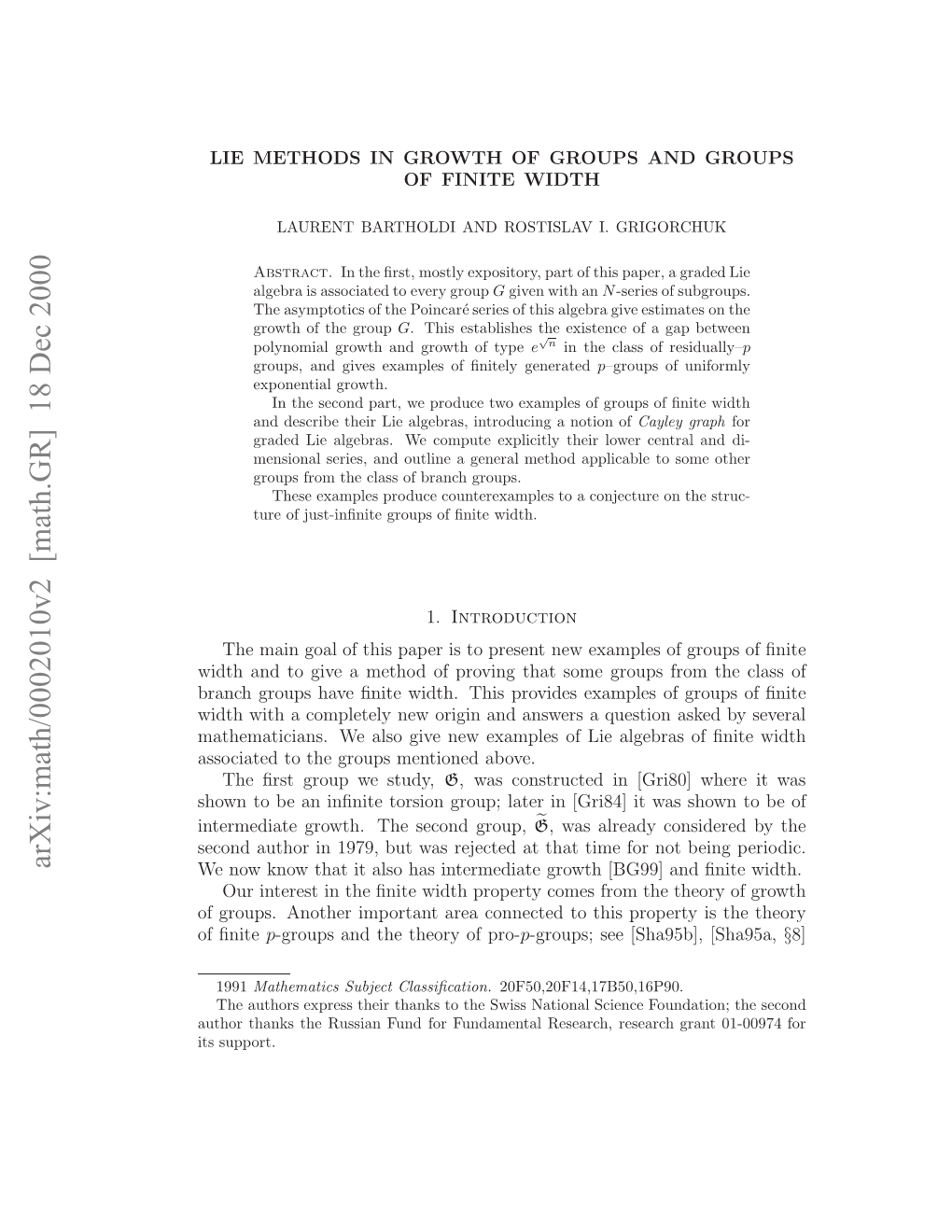 Arxiv:Math/0002010V2 [Math.GR] 18 Dec 2000 Hw Ob Niﬁietringop Ae N[R8]I a Hw Obe to Shown Was It [Gri84] Group, in Second Later the Group; Torsion Growth