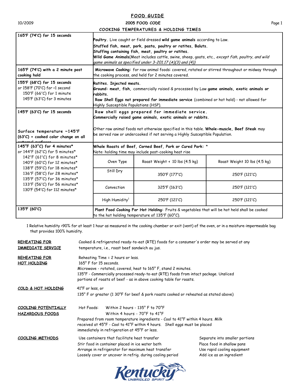 10/2009 2005 FOOD CODE Page 1 COOKING TEMPERATURES & HOLDING TIMES