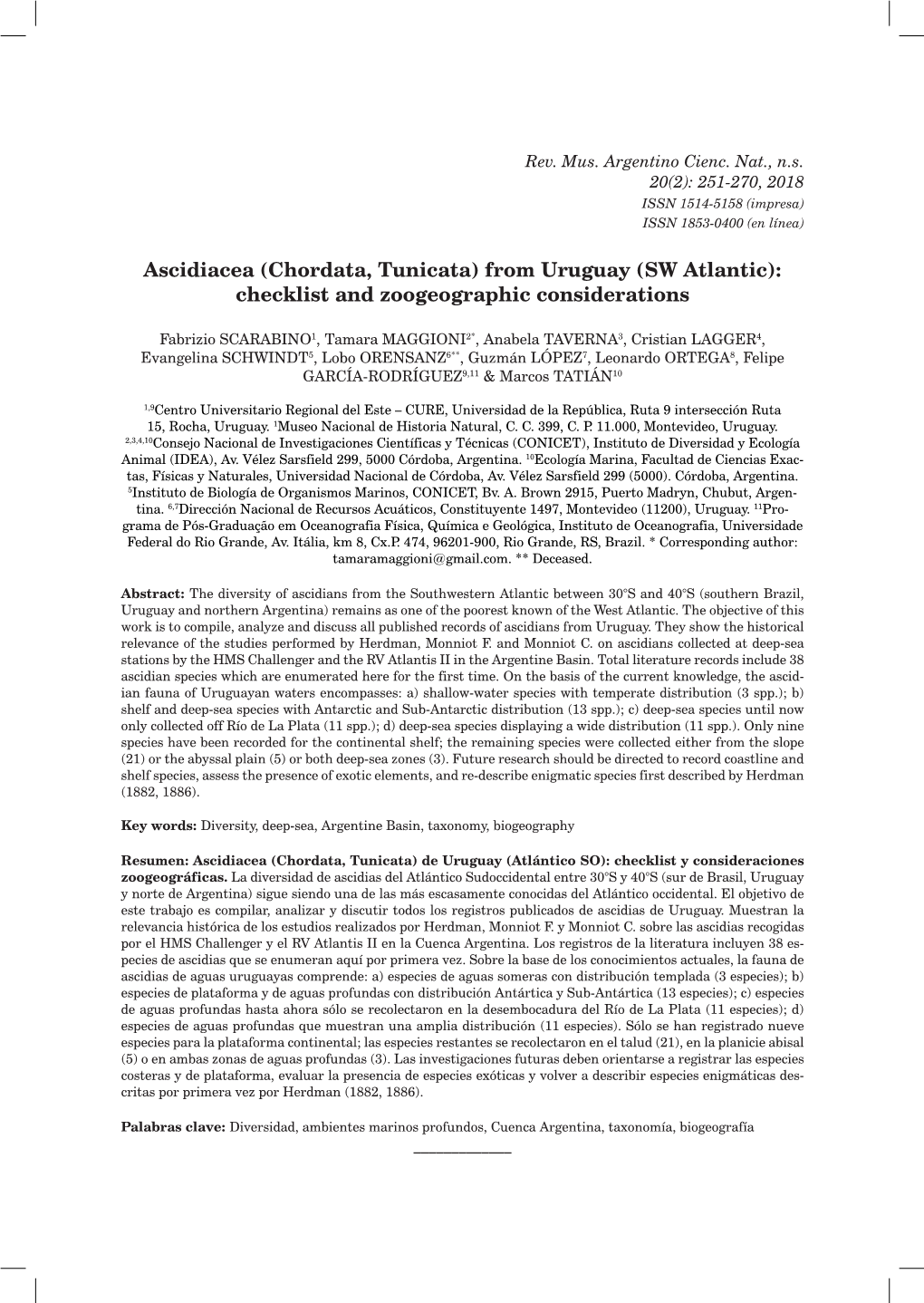 Ascidiacea (Chordata, Tunicata) from Uruguay (SW Atlantic): Checklist and Zoogeographic Considerations
