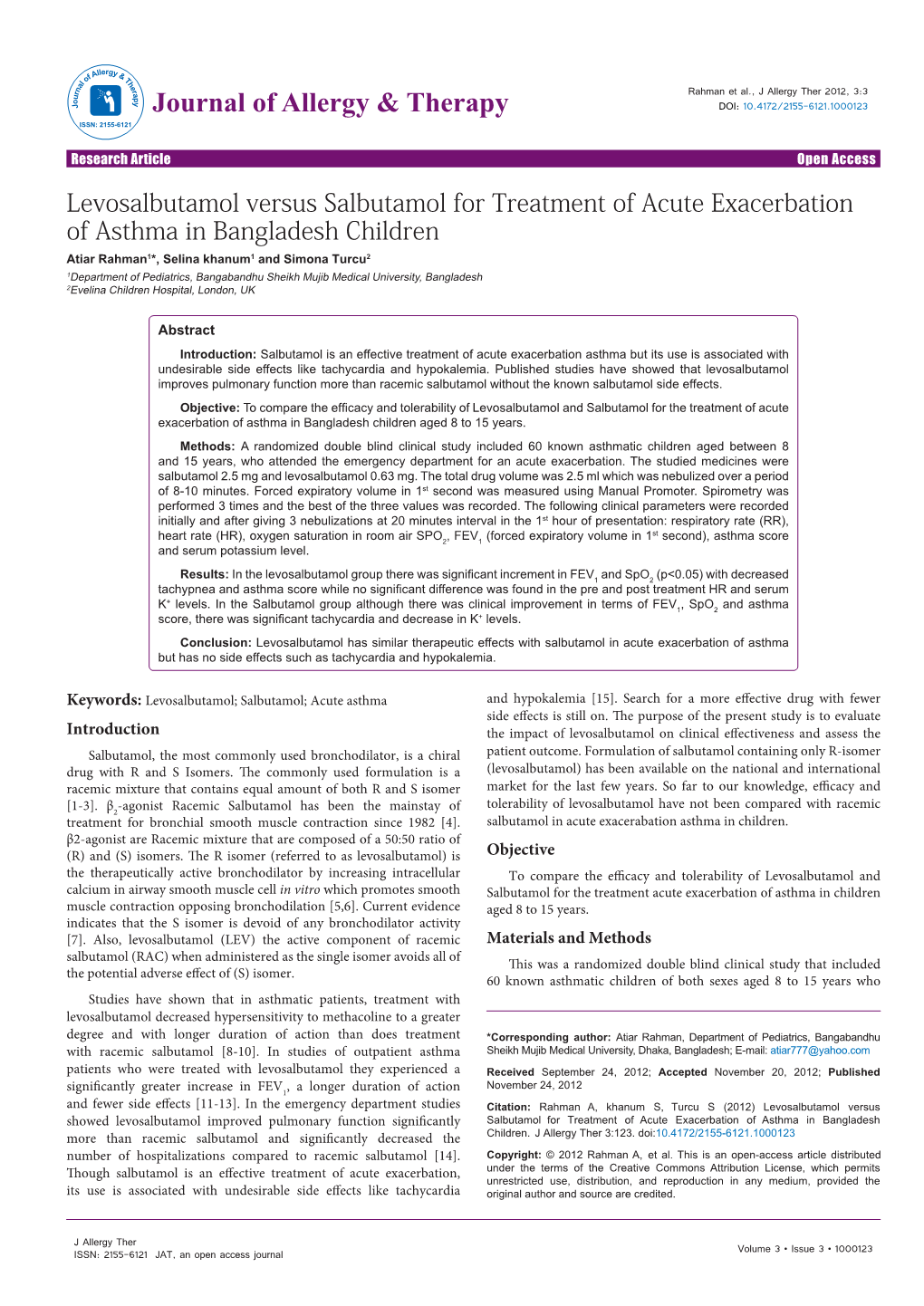 Levosalbutamol Versus Salbutamol for Treatment of Acute Exacerbation Of