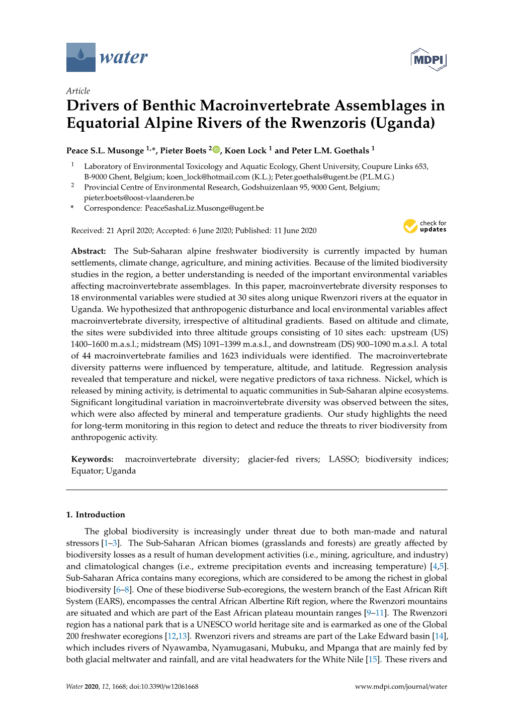 Drivers of Benthic Macroinvertebrate Assemblages in Equatorial Alpine Rivers of the Rwenzoris (Uganda)