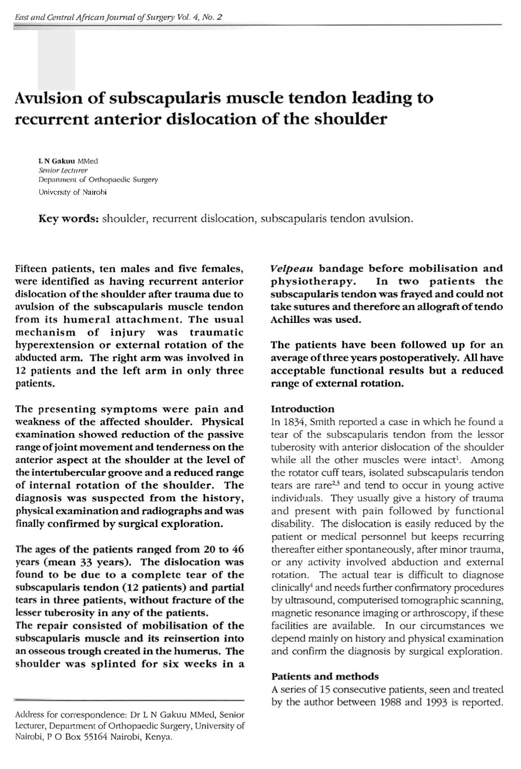 Avulsion of Subscapularis Muscle Tendon Leading to Recurrent Anterior Dislocation of the Shoulder