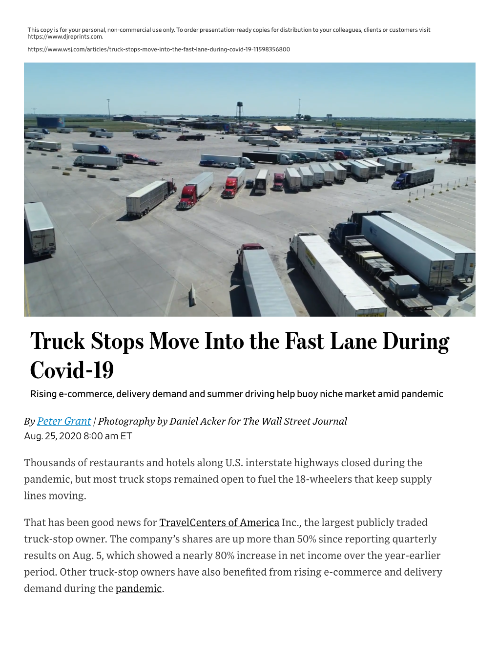 Truck Stops Move Into the Fast Lane During Covid-19 Rising E-Commerce, Delivery Demand and Summer Driving Help Buoy Niche Market Amid Pandemic