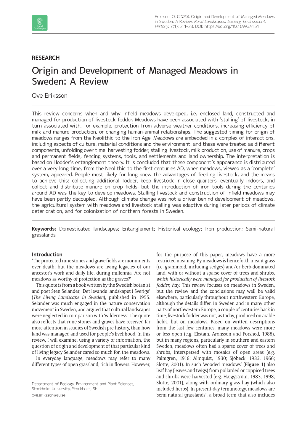 Origin and Development of Managed Meadows in Sweden: a Review