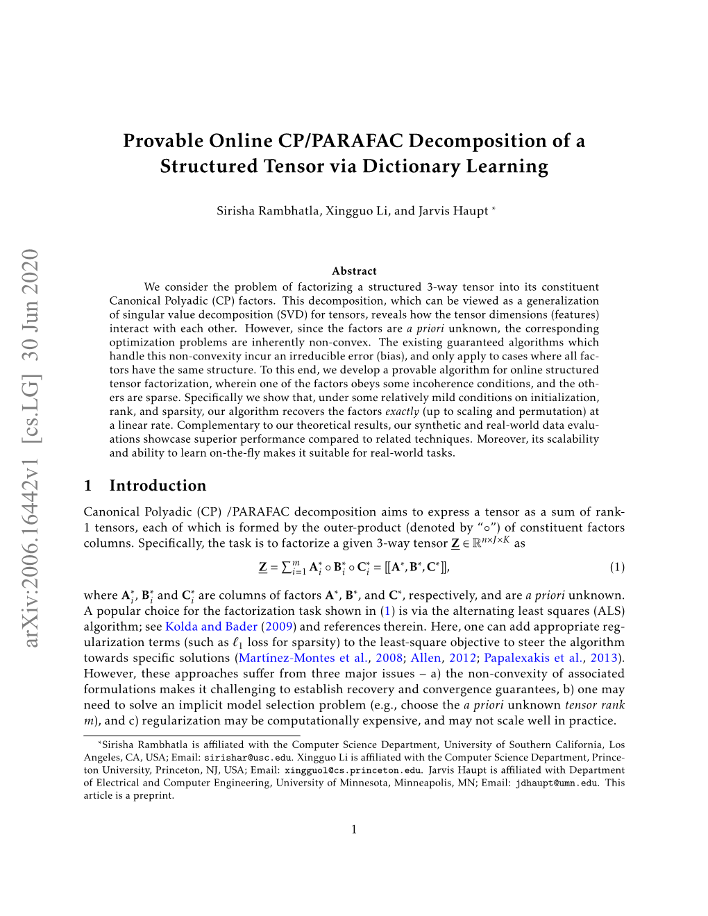Provable Online CP/PARAFAC Decomposition of a Structured Tensor Via Dictionary Learning